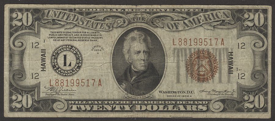 Fr.2305, 1934A $20 Hawaii Federal Reserve Note, L-A Block, Very Fine